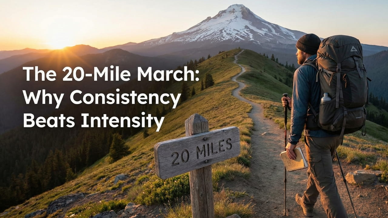 Two explorers trekking through a snowstorm in Antarctica, illustrating resilience and discipline