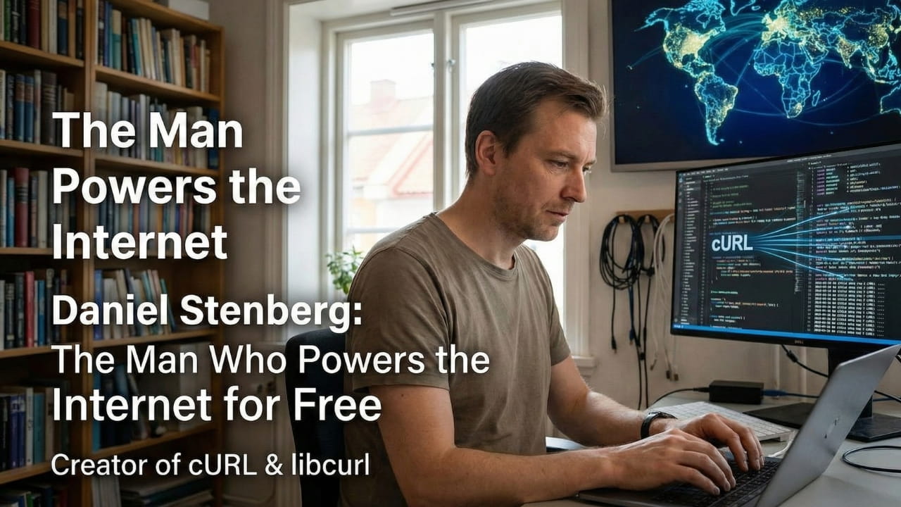 Daniel Stenberg sitting at his computer, surrounded by code, with subtle icons of devices like cars and phones in the background
