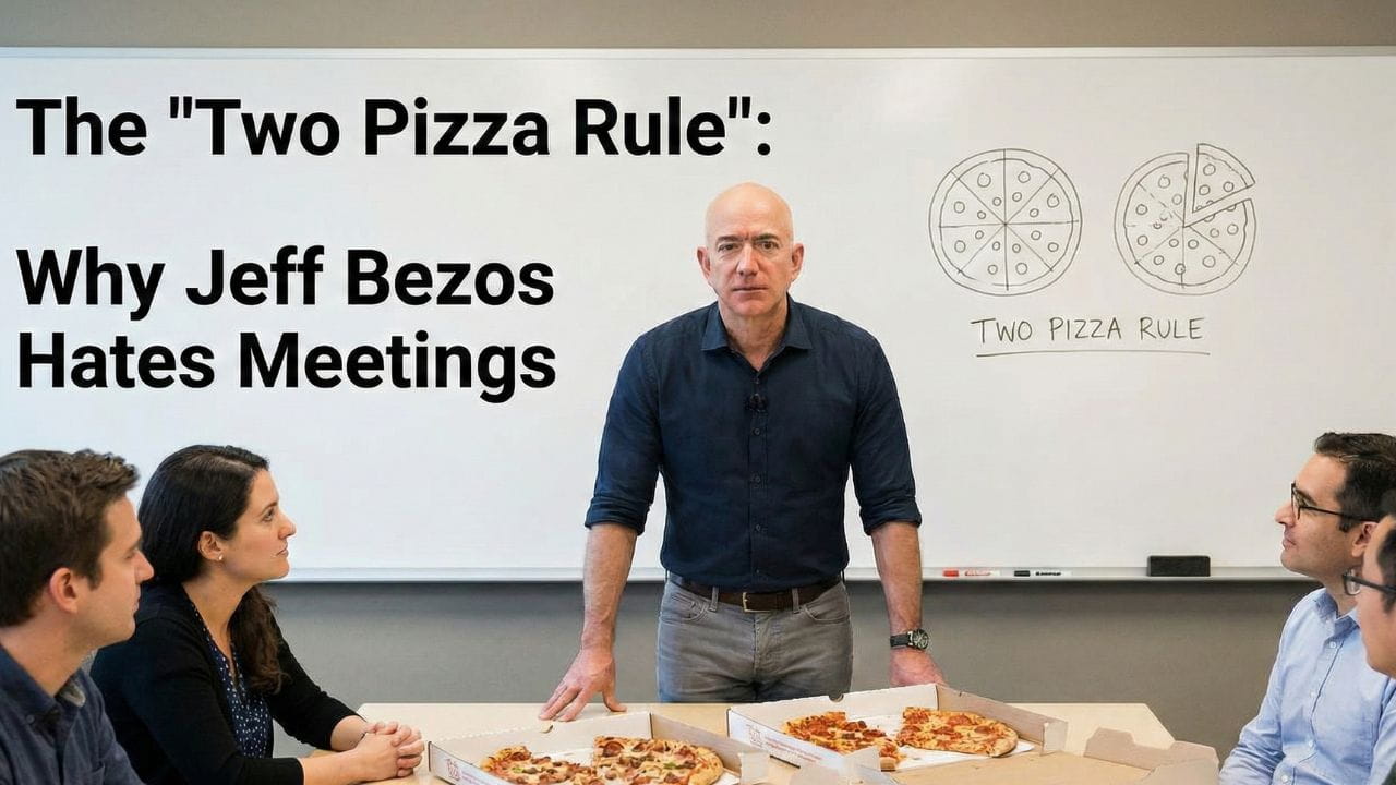 Two large pepperoni pizzas on a conference table, symbolizing small team sizes
