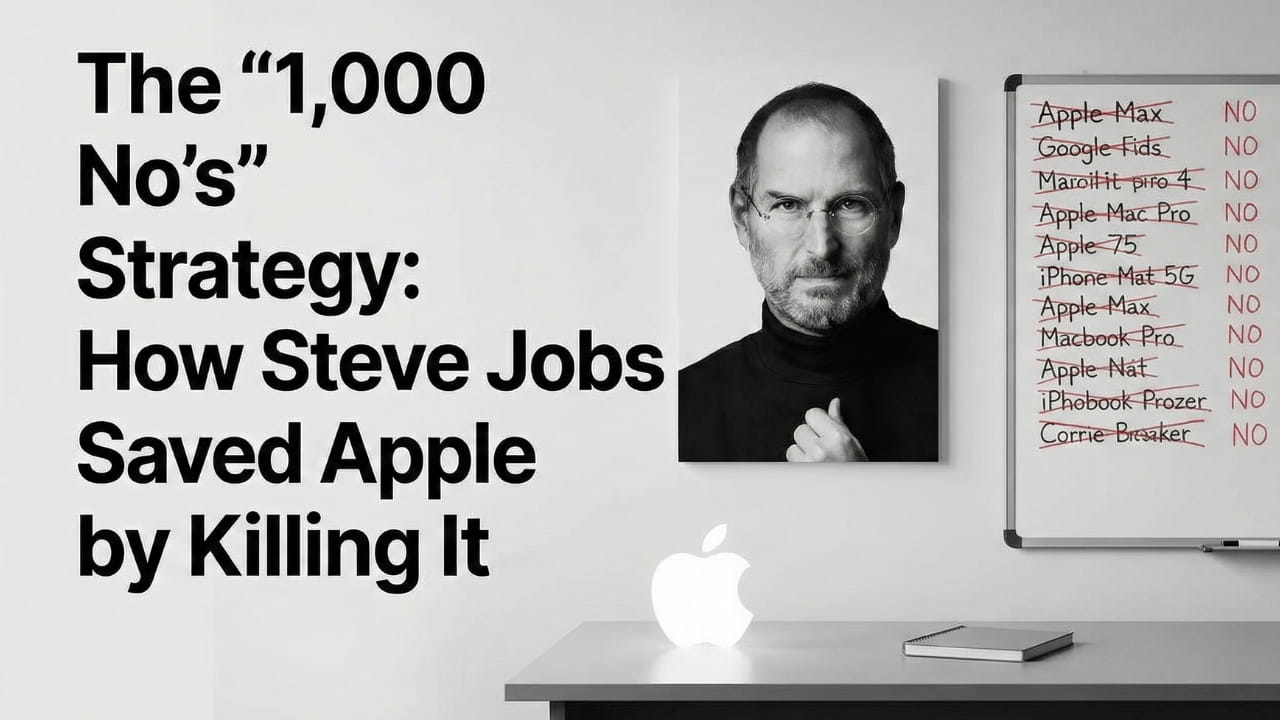 Steve Jobs standing in front of a simple grid on a whiteboard, explaining the concept of focus