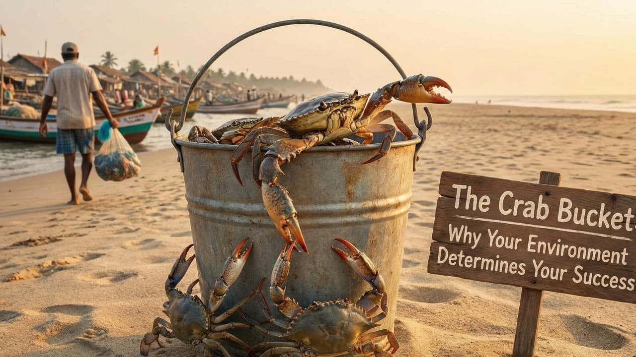 A weathered bucket full of live crabs on a sandy beach, with one crab trying to escape and others pulling it down