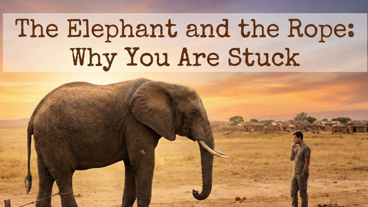 A massive elephant standing calmly while tied to a small wooden stake with a thin rope